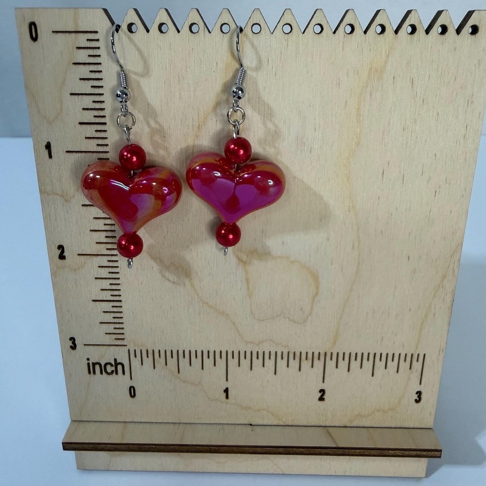 Hand Assembled Red Glass Heart Dangle Earrings‎ - Picture 2 of 3